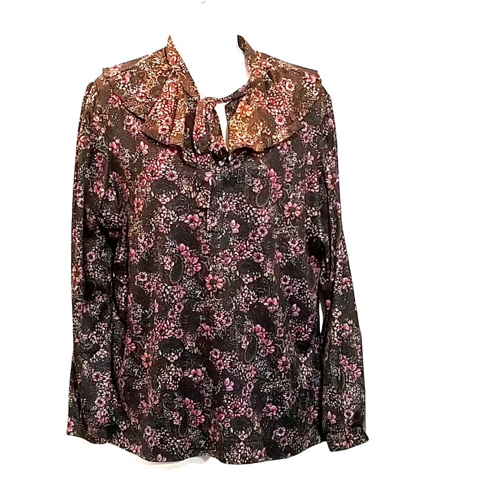 Truly Yours Blouse Womens XL Floral Paisley Black Ruffle Tie Neck Dark Romantic